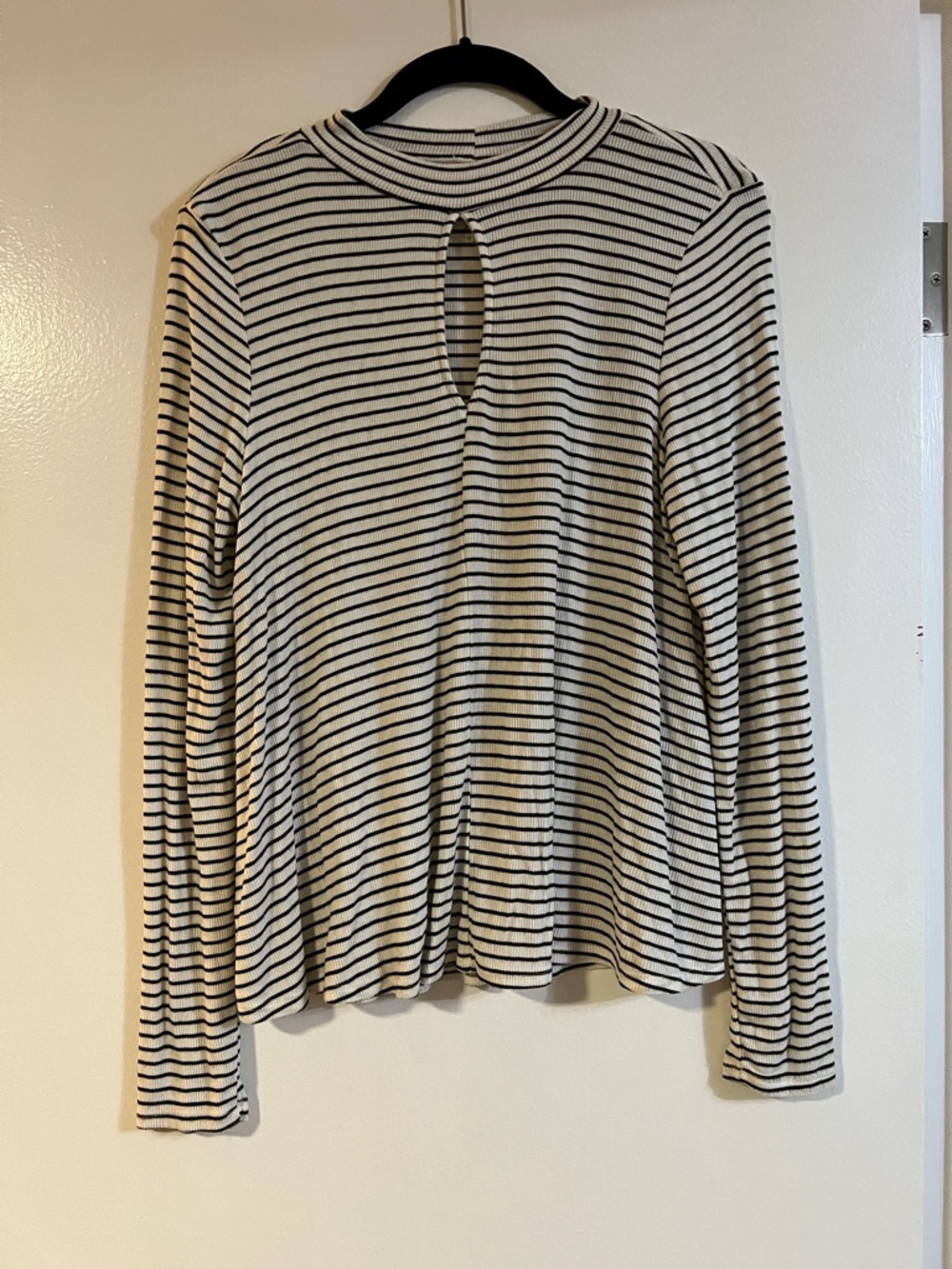 SO Black White Striped Ribbed Long Sleeve Top Medium Mock Neck Trendy Minimalist